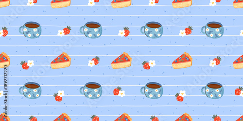 Seamless pattern with coffee cups, strawberry cakes and fresh berries on soft blue striped background for bakery packaging, kitchen textile, wallpaper, wrapping paper and cafe decor
