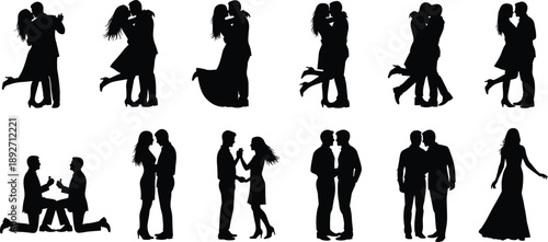 Couple Love Romance Silhouette Hug Kiss Proposal Dance Relationship Romantic People Man Woman Dating Wedding Engagement Passion Emotion Vector Illustration