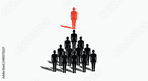 Businessman standing out from crowd leadership concept with red leader on top of black silhouettes