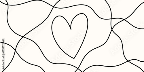 Love line heart art continuous sign for wedding abstract decor and divider. Valentines squiggle curve cable drawing long tangle thin wavy curvy thread black pattern loop
