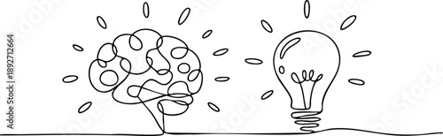 Radiating Brain and Bulb Sketch, Minimalist Icons for Intelligence and Innovation, Continuous Line Art of a Brain and Lightbulb.