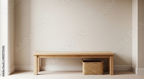 Minimalist Wooden Bench with Basket in Neutral Toned Interior Space