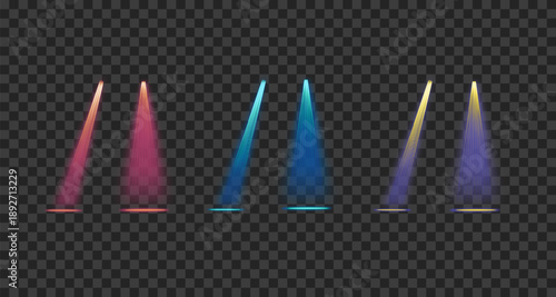 Vector illustration of multicolor lighting, spotlight lighting, stage lighting, theater stage lighting, concert hall lighting and stage lighting on transparent background.