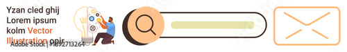 User interface design, data analysis, email communication, search engine optimization, brainstorming, teamwork. A search bar, email icon and people interacting with a lightbulb diagram. UI design