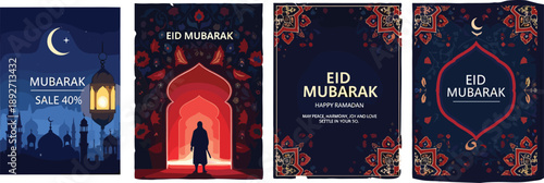 Eid Ramadan Mubarak Islamic Poster Banner Template Mosque Lantern Crescent Moon Night Spiritual Religious Holiday Celebration Sale Promotion Illustration Vector Design