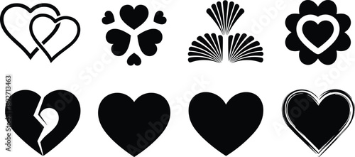 heart, icon, symbol, love, romance, valentine, shape, set, collection, black, silhouette, design, graphic, vector, illustration, minimal, flat, modern, decorative, element