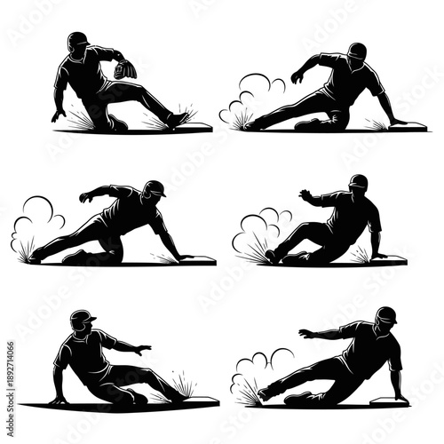Baseball player sliding into base, sequence of action shots, dynamic sports illustration