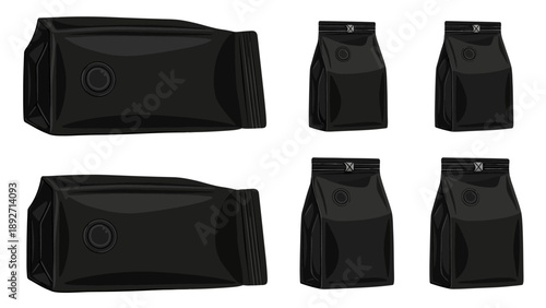 Black Coffee Bags Packaging Mockup, Sealed Pouches with Valve, Product Design Template