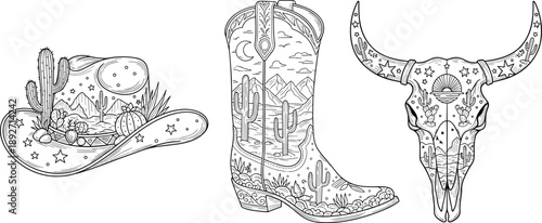 Western cowboy hat, desert boot, bull skull, cactus landscape, mountain sunset, moonlight sky, rustic style, wild west art, vintage illustration, Americana theme
