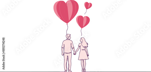 love, couple, romance, romantic, balloon, balloons, heart, hearts, valentine, date, relationship, together, holding, hands, pink, sweet, illustration, vector, design, minimal