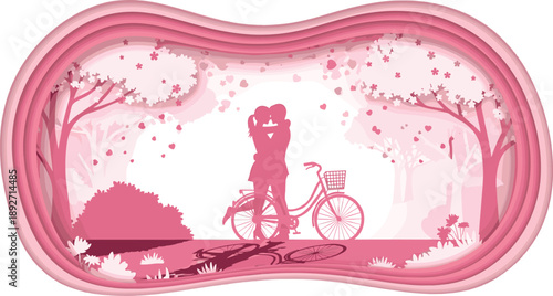 love, couple, romance, romantic, bicycle, park, date, kiss, silhouette, pink, dreamy, heart, hearts, valentine, wedding, illustration, vector, design, nature, landscape