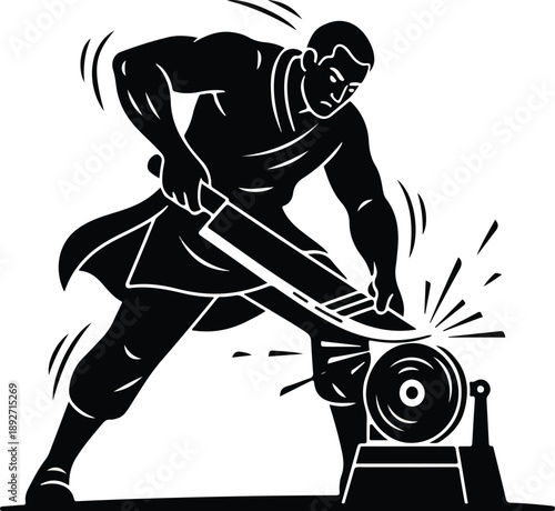 A skilled street vendor diligently sharpens a large knife on a grinding wheel, sparks flying in a stark black and white woodcut style, set in an alley.