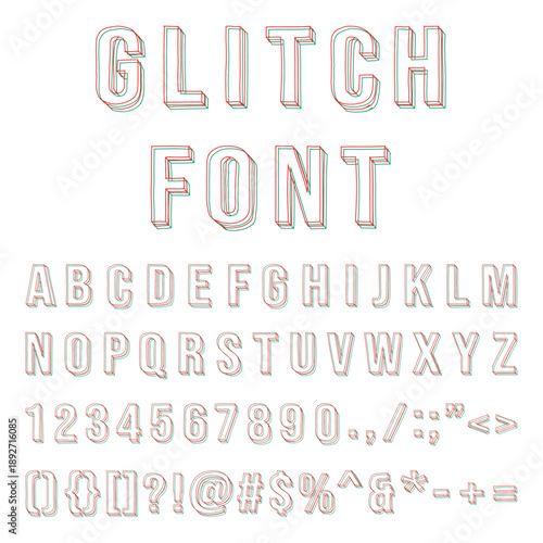 Complete 3D glitch doodle alphabet, numbers, and symbols. Isolated anaglyph style hand-drawn font for retro, techno, and creative digital designs. 3D Anaglyph Glitch Doodle Alphabet and Numbers Vector