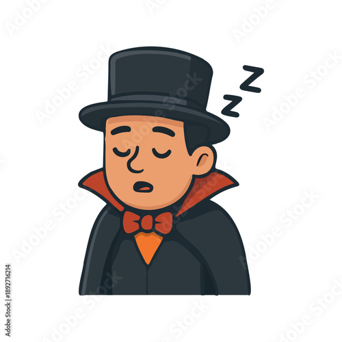 Sleeping vampire man in black and red costume. Cute dracula character taking a nap.