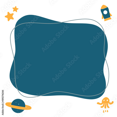 流体シェイプのベクター素材。ポップな宇宙のイメージ。夜空に浮かぶ星や宇宙ロケット、惑星のイラスト。