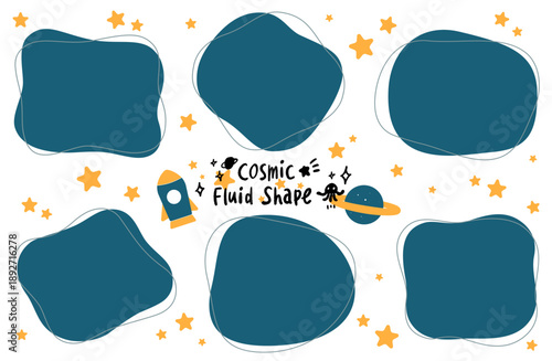 流体シェイプのベクター素材。ポップな宇宙のイメージ。夜空に浮かぶ星や宇宙ロケット、惑星のイラスト。