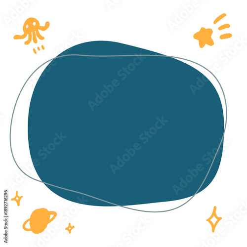 流体シェイプのベクター素材。ポップな宇宙のイメージ。夜空に浮かぶ星や宇宙ロケット、惑星のイラスト。