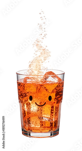 Cheerful glass of bubbly orange soda with ice cubes and a friendly face, perfect for summer refreshment and fun, uplifting beverage concepts, and happy vibes