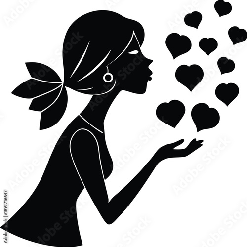 silhouette woman blowing hearts romantic love illustration