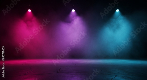 Abstract stage background featuring pink, purple, and blue spotlights with atmospheric smoke, ideal for concerts, events, nightlife posters, presentations, and creative digital designs.