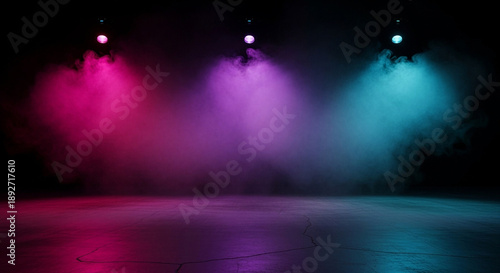 Abstract stage background featuring pink, purple, and blue spotlights with atmospheric smoke, ideal for concerts, events, nightlife posters, presentations, and creative digital designs.