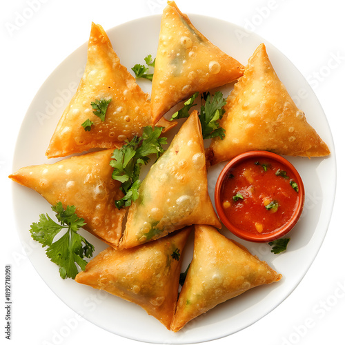 Top view plate of crispy vegetarian samosas, golden fried triangle snacks isolated on transparent background.