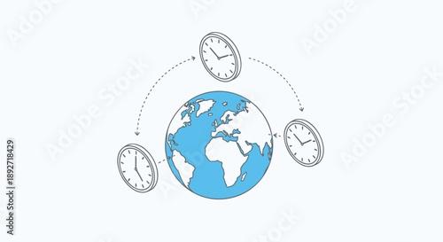 Global time concept with earth globe and multiple clocks in motion around world map