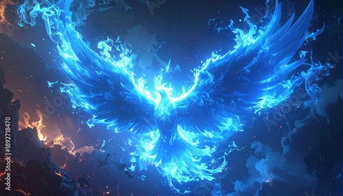 A brilliant blue phoenix emerges from flames against a fiery sky