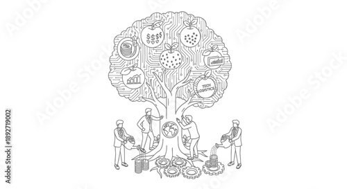 People working together under a tree with various icons and symbols teamwork and collaboration concept