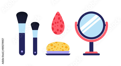 Makeup tools: brushes, sponges, and mirror, flat design