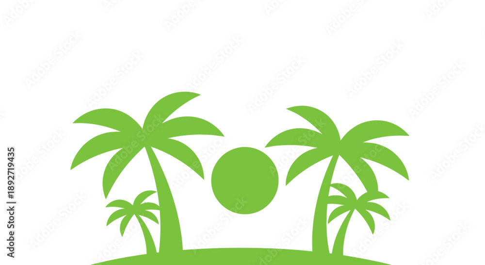 Obraz premium Green Palm Trees Silhouette with Sun on White Background