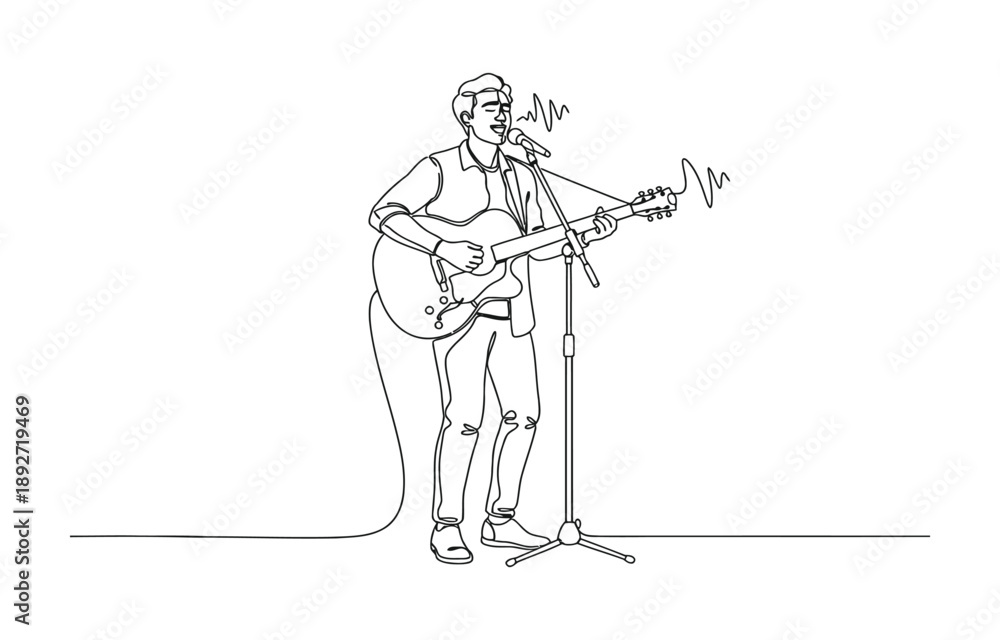 Obraz premium Person sing a song with acoustic jazz guitar continuous one line art drawing vector.