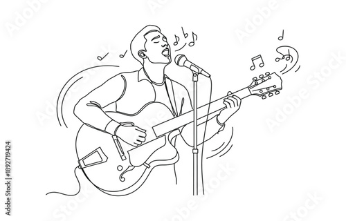 Person sing a song with acoustic jazz guitar continuous one line art drawing vector.