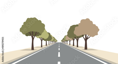 Straight Road Lined with Trees, Perspective View, Journey Concept