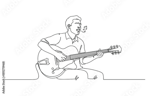 Person sing a song with acoustic jazz guitar continuous one line art drawing vector.