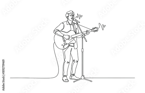 Person sing a song with acoustic jazz guitar continuous one line art drawing vector.
