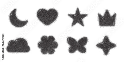 Set of black stipple abstract shapes with grain dotwork texture. Vector silhouettes of crown, heart, star, moon, cloud, flower, and butterfly with halftone stippling gradient. Retro hand drawn grainy 