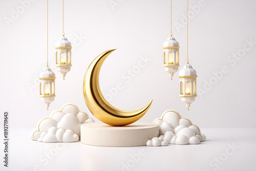 Ramadan Kareem Background with 3D Crescent Moon and Lanterns