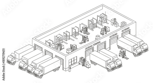 Warehouse trucks loading and unloading goods from industrial building with workers