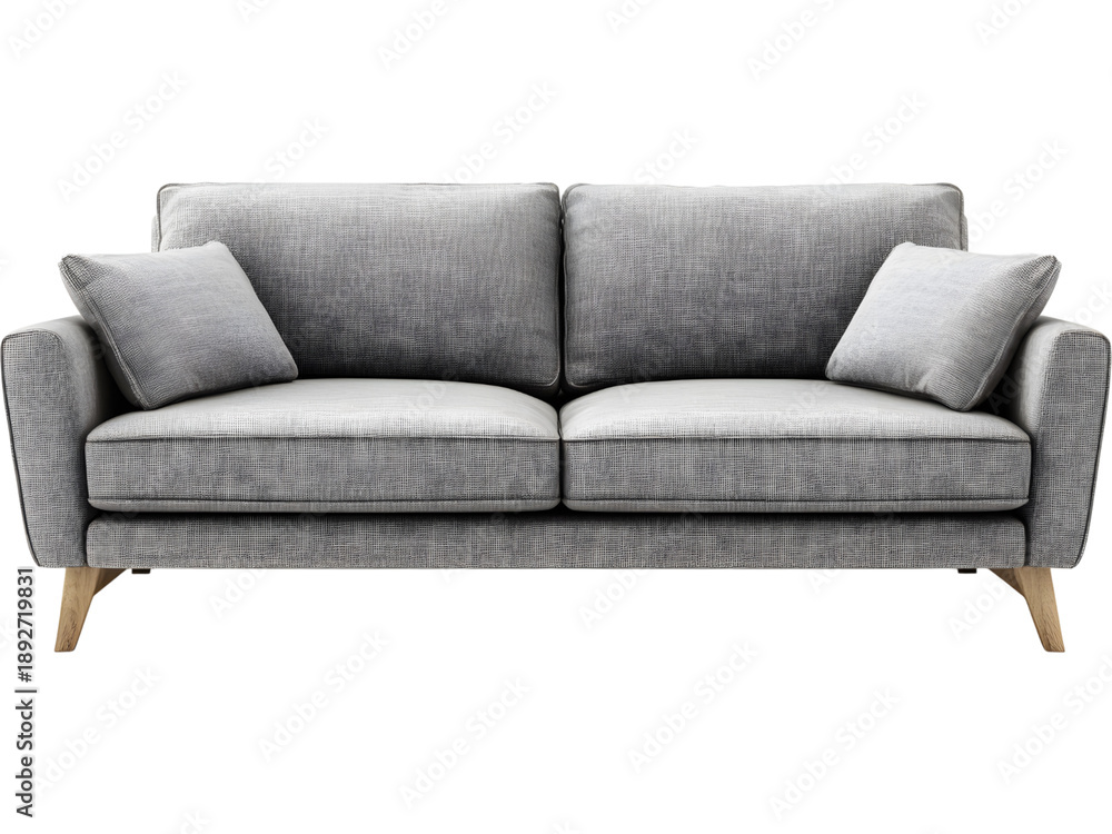 Fototapeta premium Gray modern sofa with soft cushions, minimalist interior furniture design. Isolated on transparent background.