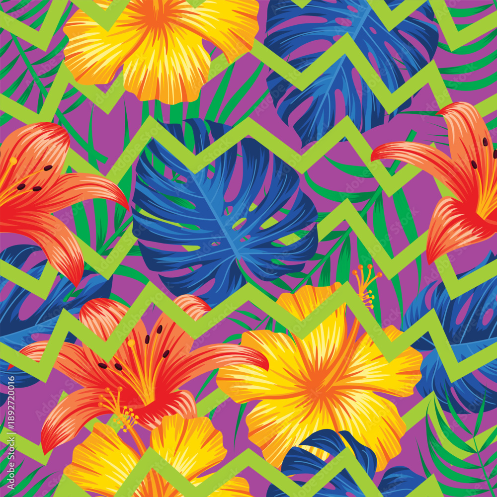 Obraz premium Floral seamless pattern with leaves and green zigzag lines. tropical background