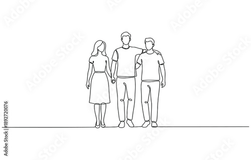 One line drawing of three friends standing together.
