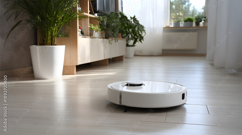 Fototapeta premium White robot vacuum cleaner in a bright semi-living room