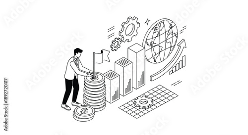 Businessman stacking coins with financial graphs and charts in background for investment and growth
