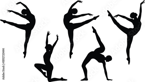 Dynamic Set of Female Dance and Gymnastics Silhouettes, Agile Athletes in Various Stretching and Leaping Poses