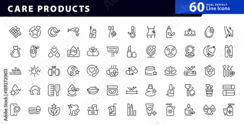 Care Product line icon set. Organic, natural, vegan, cruelty-free, collagen, anti-age, showcasing, skincare, retinol compound, sunscreen icons design. Ui thin line icon pack
