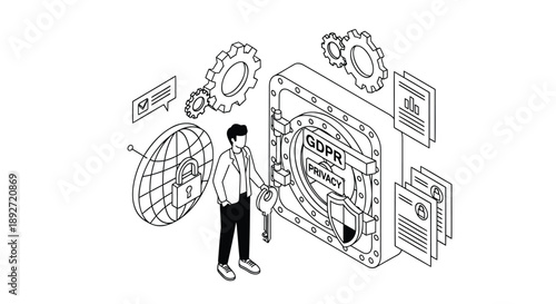 Man interacts with gdpr data protection icon surrounded by gears and documents