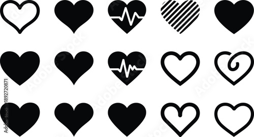 Set of 15 simple black and white heart icons, including heartbeat and patterned styles, vector art