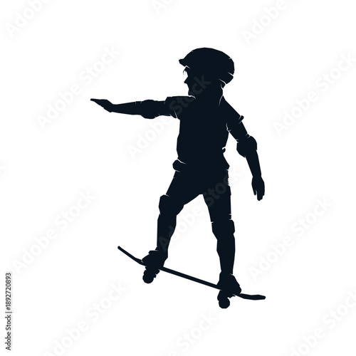 Silhouette of little girl child skater skateboarding, black and white vector illustration
