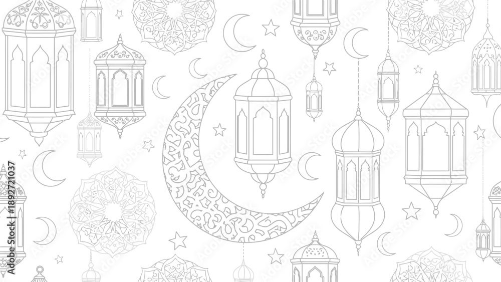 Fototapeta premium Crescent Moon Lanterns Islamic Pattern White Background